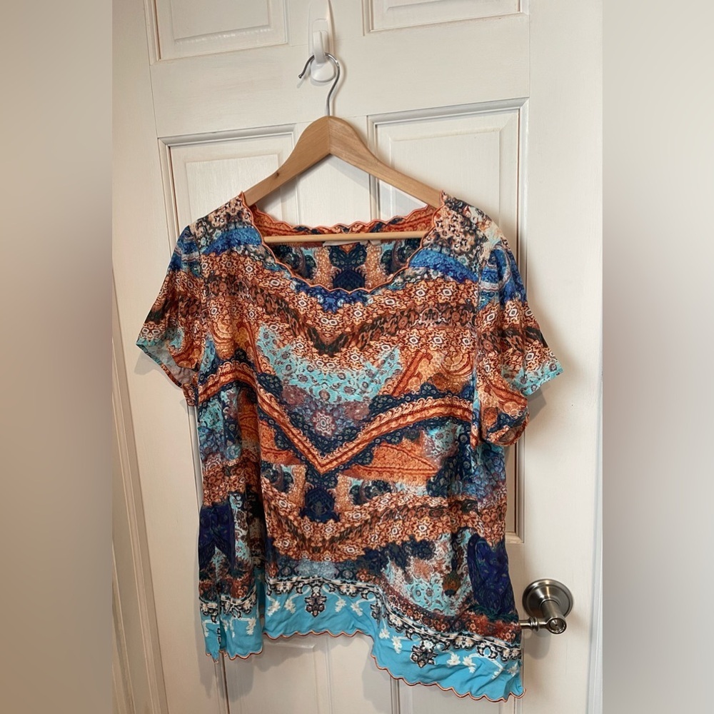 Soft Surroundings Blue and Orange Patterned Blouse